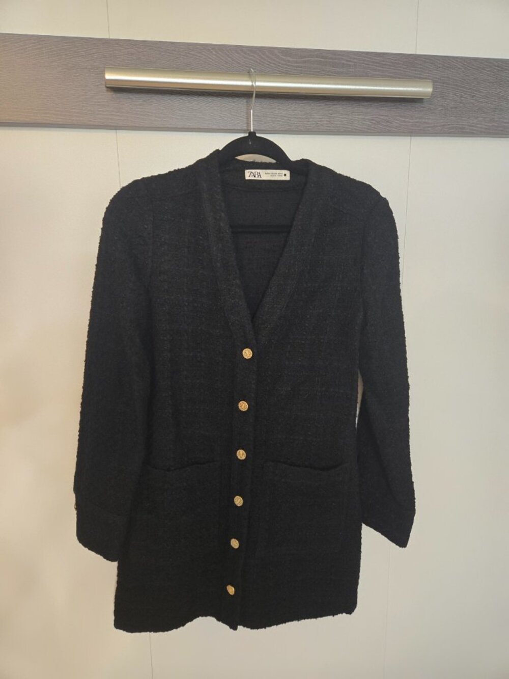 Zara Black Bouclé Mini Dress with Gold Buttons